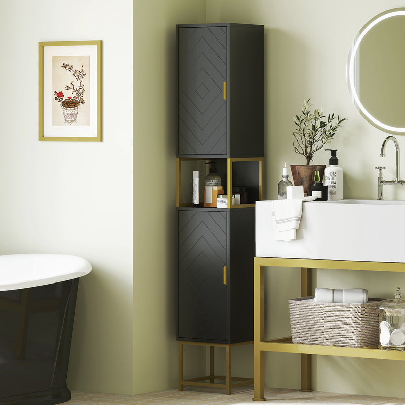 Tall Bathroom Storage Cabinet, Modern Narrow Bathroom Cabinet with Diamond Chevron Pattern and Adjustable Shelf, Black