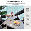 5 Pieces Patio Bar Set, Outdoor PE Rattan Wicker High Top Outdoor Table and Chairs Outdoor Bar Set with Tempered Glass Top Bar Table and Shelves, 4 Bar Chairs, Dark