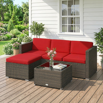 3 Pieces Patio Furniture Set with Cushions, Outdoor PE Rattan Wicker Conversation Corner Sofa Set with Glass Top Table, Red