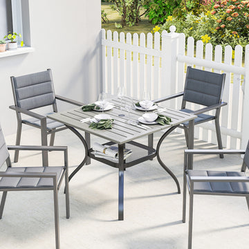 Outdoor Dining Table for 4, Square Patio Table with Umbrella Hole, Shelf, Slatted Faux Wood Steel Top, Grey