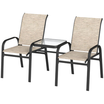 Outdoor Loveseat with Glass Table, Garden Patio Bench with Breathable Mesh Seat, High Back, Armrests, Brown