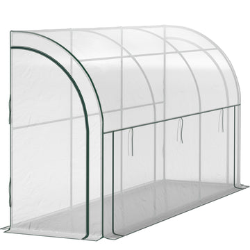 Walk-in Lean-to Greenhouse, Outdoor Gardening Green House with Zipper Roll-up Doors and Window, 10' x 3' x 5', White