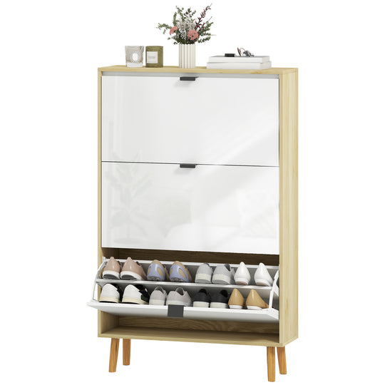 Narrow Shoe Cabinet, High Gloss Shoe Storage Cabinet with 3 Flip Drawers and Adjustable Shelves, Holds 24 Pairs, White