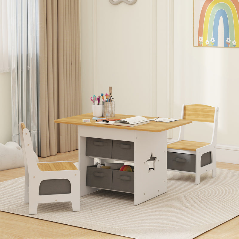 Qaba 3 Piece Kids Table and Chair Set with 6 Removable Drawers, for Classroom, Living Room, Bedroom, Nursery, Light Grey