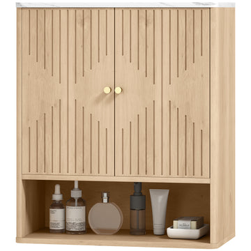 Bathroom Wall Cabinet, Wall-Mounted Medicine Cabinet with Adjustable Shelf, Open Shelf and Marble Effect Top, Oak