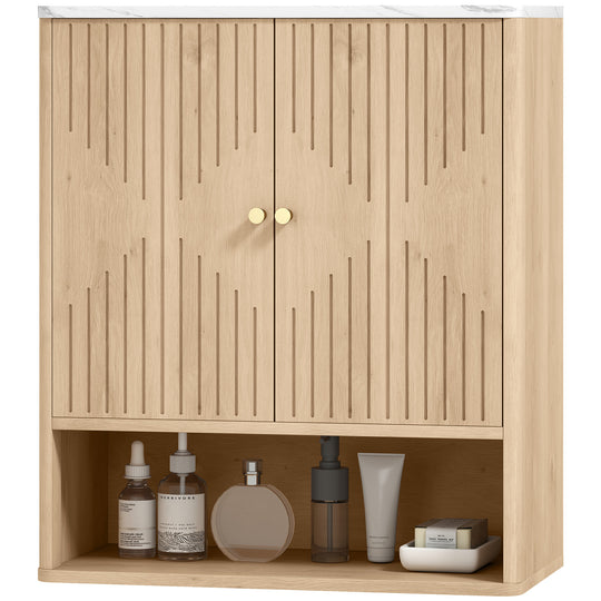 Bathroom Wall Cabinet, Wall-Mounted Medicine Cabinet with Adjustable Shelf, Open Shelf and Marble Effect Top, Oak