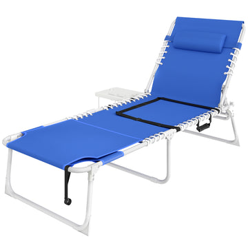Tanning Chair with Face Hole and Side Table, Folding Outdoor Lounge Chair with Carry Straps, Side Pocket, Navy Blue