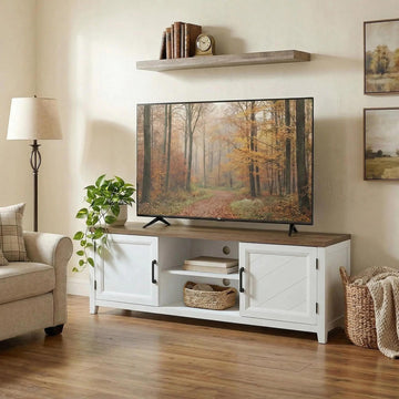 TV Stand for TVs up to 42 Inch, Entertainment Center with 2 Open Shelves, 2 Cabinets, Thick Top, White and Brown