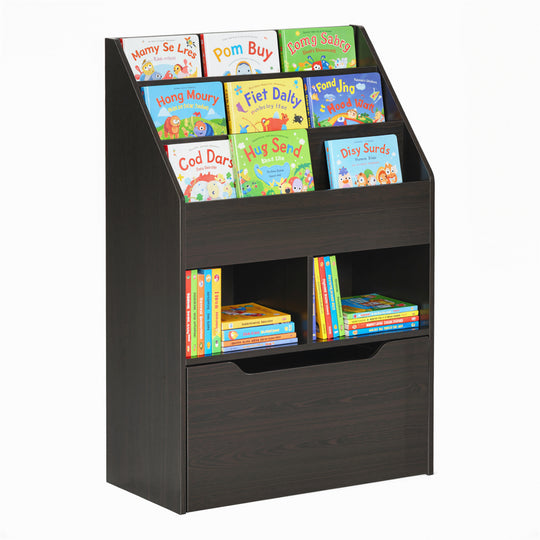 Kids Bookshelf Bookcase Multi-Shelf Rack Organizer with Storage Drawer for Books for Reading Nook, Classroom, Bedroom, Playroom, Brown