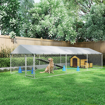 19.7' x 7.5' x 4.9' Outdoor Dog Kennel Heavy Duty Galvanized Steel Chain Link with UV-resistant Roof, Silver