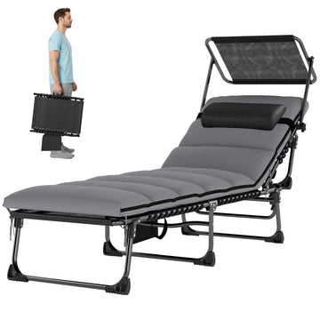 Lounge Chair Outdoor, Folding Chaise Lounge with 5-Level Adjustable Back, Cushion, Side Pocket and Headrest