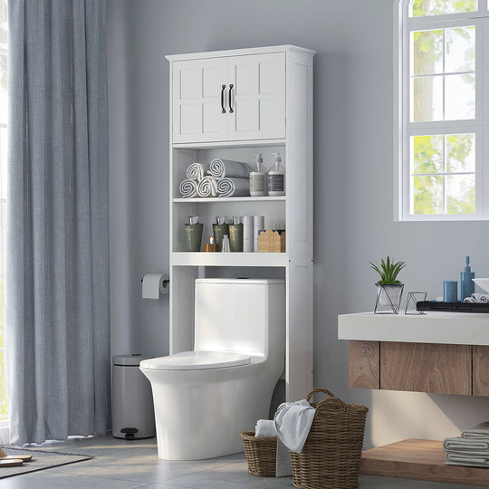 Meuble de rangement moderne pour salle de bain au-dessus de la toilette avec tablettes ouvertes et armoire à portes doubles, blanc