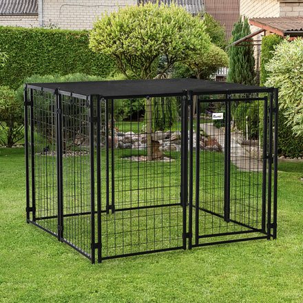 Chenil extérieur pour chien, enclos verrouillable pour animaux de compagnie avec couverture supérieure, noir
