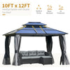 10'x12' Hardtop Patio Gazebo Aluminum Gazebo Canopy with Double Tier Roof, Curtains, Netting Sidewalls, Black & Grey