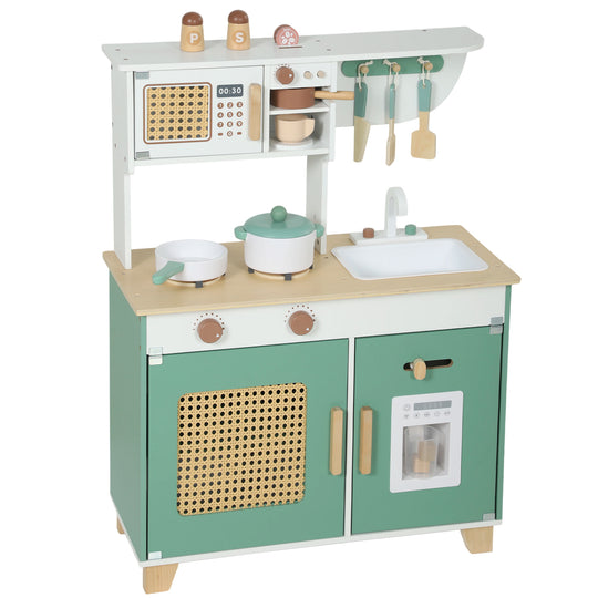 Wooden Play Kitchen Set with Microwave, Coffee Machine, Ice Maker & 19PCs Accessories, Gift for Ages 3-6 Years, Green