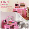 Qaba Kids Vanity Set, Toddler Dressing Table and Chair Set  with Lighted Mirror, Cabinet, Drawer and Shelves, Pink