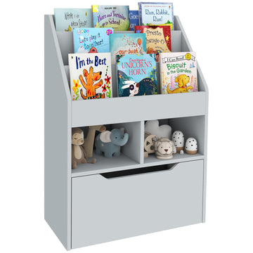 Bibliothèque pour enfants avec plusieurs tablettes et tiroir de rangement pour livres, pour coin lecture, salle de classe, chambre à coucher, salle de jeux, grise