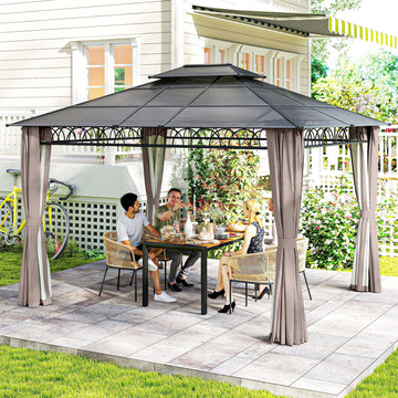 10' x 12' Outdoor Gazebo Canopy, Double Roof Hardtop Gazebo with Polycarbonate Roof, Steel Frame, Nettings and Curtains, for Garden, Lawn, Backyard and Deck