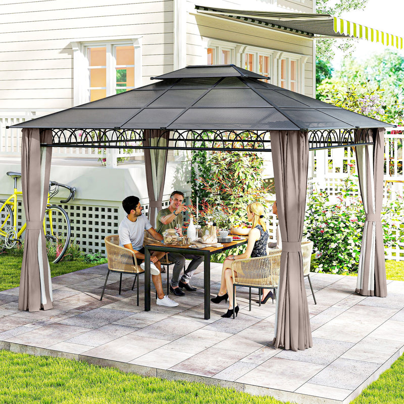 10' x 12' Outdoor Gazebo Canopy, Double Roof Hardtop Gazebo with Polycarbonate Roof, Steel Frame, Nettings and Curtains, for Garden, Lawn, Backyard and Deck