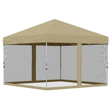 10' x 10' Pop-Up Party Tent UPF50+ Outdoor Canopy Tent with Mesh Sidewalls, 3-Level Adjustable Height, Roller Bag, Khaki