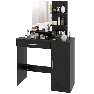 Vanity Desk with Mirror, Makeup Vanity w/ Drawer, Open Compartment and Shelves, Cabinet, Adjustable Shelves for Bedroom