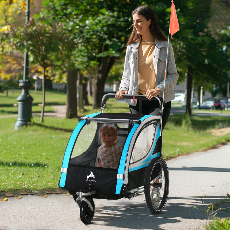 3-in-1 Bike Trailer for Kids, Running Stroller with 2 Seats, Jogging Cart with 5-Point Harness, Storage Units, Blue