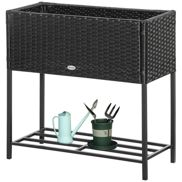 Rattan Raised Garden Boxes, Elevated Flower Beds with Storage Shelf for Herbs, Flowers, Vegetables, Black