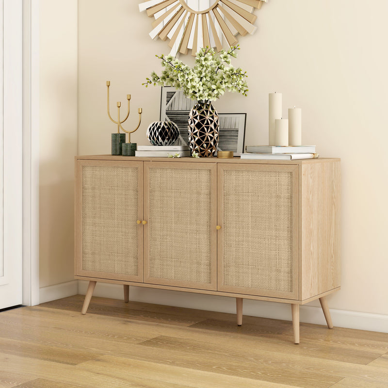 Kitchen Sideboard Cabinet, Boho Storage Cabinet with Shelves, Wood Legs, Decorative Rattan Doors, Black