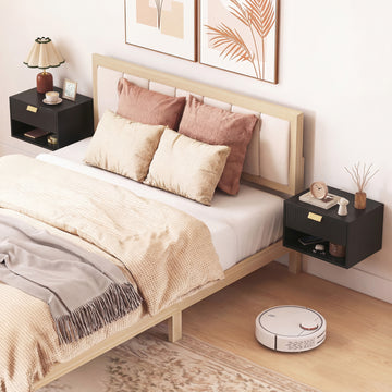 Set of 2 Wall Mounted Bedside Tables, Floating Nightstands with Fluted Drawer and Open Shelf for Bedroom, White