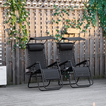 2 Piece Foldable Lounge Chair with Canopy Shade, Outdoor Zero Gravity Chair w/ Side Tray & Cup Holder, Reclining Lounger w/ Breathable Mesh Fabric Seat, Pillow, Black