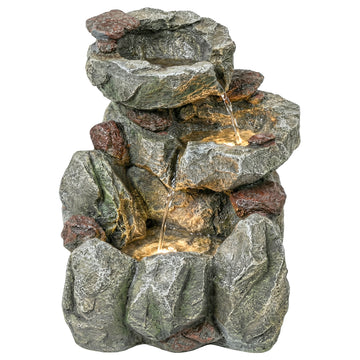 Outdoor Fountain with LED Lights Adjustable Flow Cascading Waterfall 3-Tier Rustic Rock Look Grey