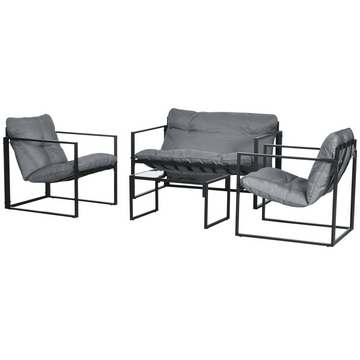 4 Piece Outdoor Furniture Set, Patio Conversation Set with Tempered Glass Table, Loveseat, 2 Chairs and Cushions, Grey