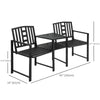 Metal Outdoor Bench, 2-Seater Garden Bench with Middle Table, Umbrella Hole, Slatted Seat and Backrest, Black