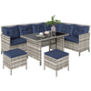 6pcs Outdoor Rattan Sofa Set Garden Wicker Sectional Couch Furniture Set with Dining Table and Chair Deep Blue