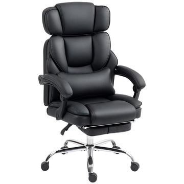 PU Leather Office Chair, Reclining Desk Chair with Footrest, Adjustable Headrest, Lumbar Support, Swivel Wheels, Black