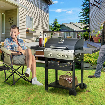 38,000 BTU Propane Gas Grill BBQ Cart with 3 Main Burners, 1 Side Burner, with Warming Rack, Side Prep Tables, Black