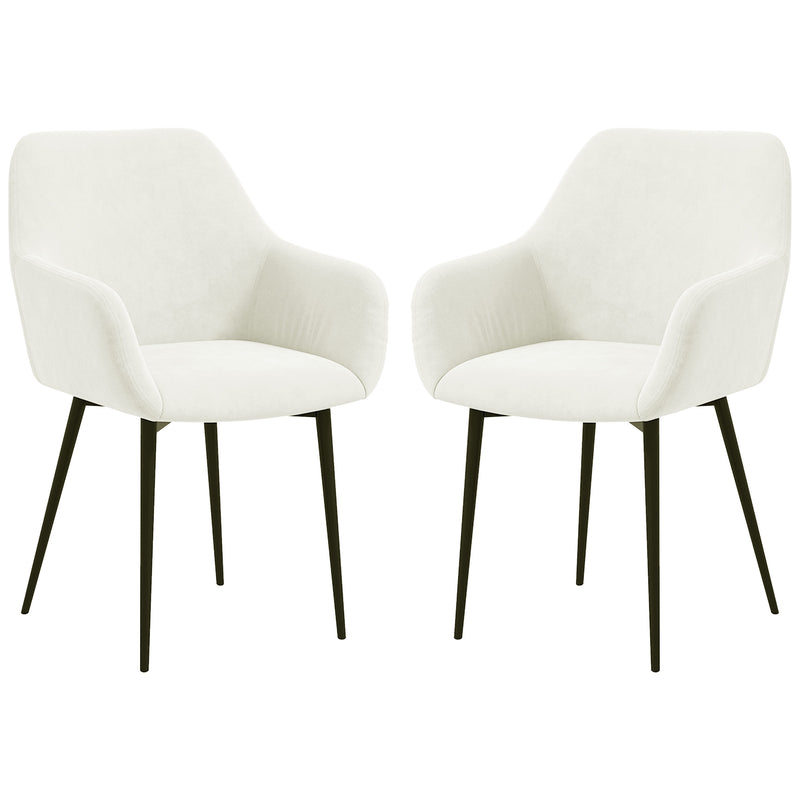 Dining Chairs Set of 2, Velvet-look Fabric Upholstered Kitchen Chairs with Backrest, Armrests and Steel Legs, Cream White