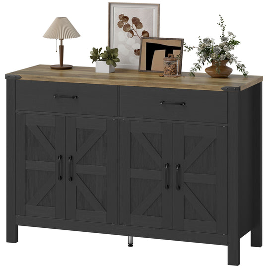 Side Cabinet, Farmhouse Kitchen Storage Cabinet w/ 2 Drawers and Shelves for Living Room, Entryway, Black