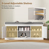 Shoe Bench with Padded Cushion, Boho Entryway Bench with Rattan Doors and Adjustable Shelves, Holds 9 Pairs, White
