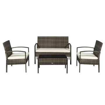 4 Pieces Patio Furniture Sets with A Loveseat, Two Armchairs and A Coffee Table, Outdoor Conversation Set with Glass Top Table, Grey PE Rattan and Cream White Cushions