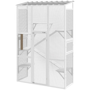 Wooden Catio Outdoor Cat Enclosure with 6 Jumping Platforms, Scratching Post, 2 Ramps, Waterproof Roof, White