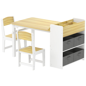 Qaba Kids Table and Chairs Set, Toddler Art Table and Chair Set with Paper Roll, Storage Shelves and Drawers, Grey