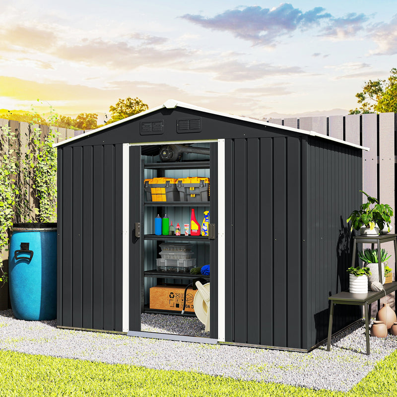 8' x 6' Outdoor Storage Shed, Metal Garden Tool Storage House with Lockable Sliding Doors and Vents for Backyard Patio Lawn