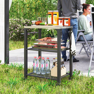3-Shelf Outdoor Grill Cart Table with Stainless Steel Top, Hooks, Pizza Oven Stand on Wheels