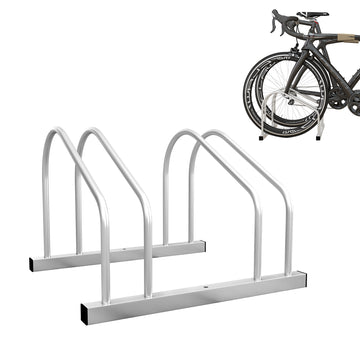 2-Bike Adjustable Bike Rack, Steel Bike Stand, Ground Mount Garage Organizer for Indoor and Outdoor Use, Silver