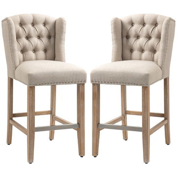 Counter Height Bar Stools Set of 2, Upholstered Bar Chairs with Nailhead Backrest and Footrest, Modern Barstools for Kitchen, Dining Room, Beige