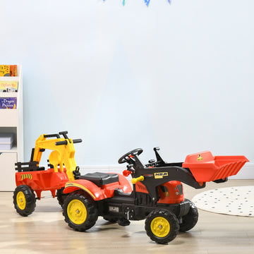 Aosom 3 in 1 Kids Ride On Excavator Toy with 6 Wheels, Bulldozer with Controllable Cargo Trailer & Easy Pedal Controls