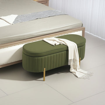 Upholstered Bedroom Bench, Channel Tufted Ottoman Bench with Thick Padding and Metal Legs, Dark Green