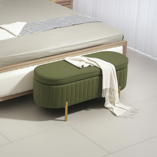 Upholstered Bedroom Bench, Channel Tufted Ottoman Bench with Thick Padding and Metal Legs, Dark Green