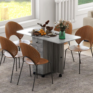 Drop Leaf Dining Table, Mobile Folding Table on Wheels with Drawers and Cabinet for Dining Room, Kitchen, Grey